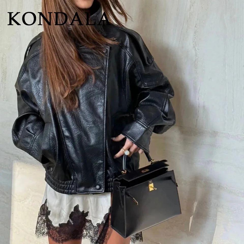 KONDALA Fall Winter Faux Leather Women Vintage Coats Fashion Streetwear Zipper Turndown Collar Christmas Ladies Leathers 251020