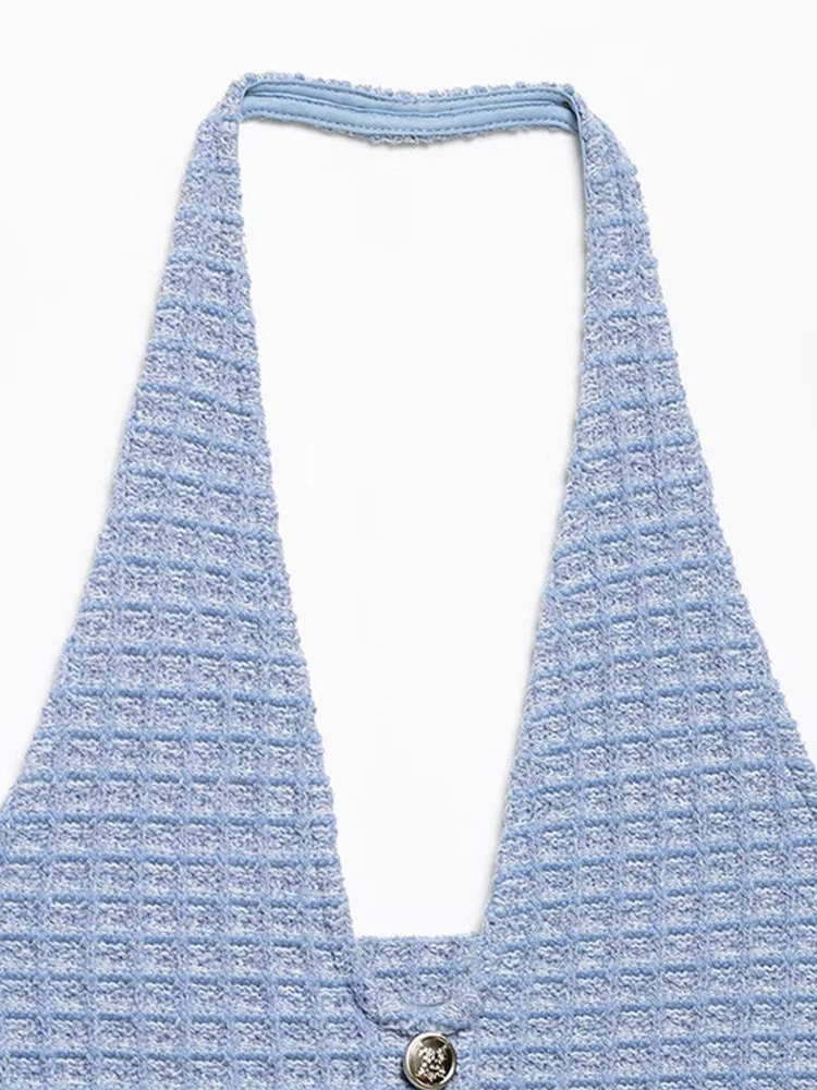 Fashion Tweed Knitted Halter Mini Dress For Women Y2K Slim Sleeveless Backless Bodycon Dress Summer Vacation Party Chic Vestidos 251018