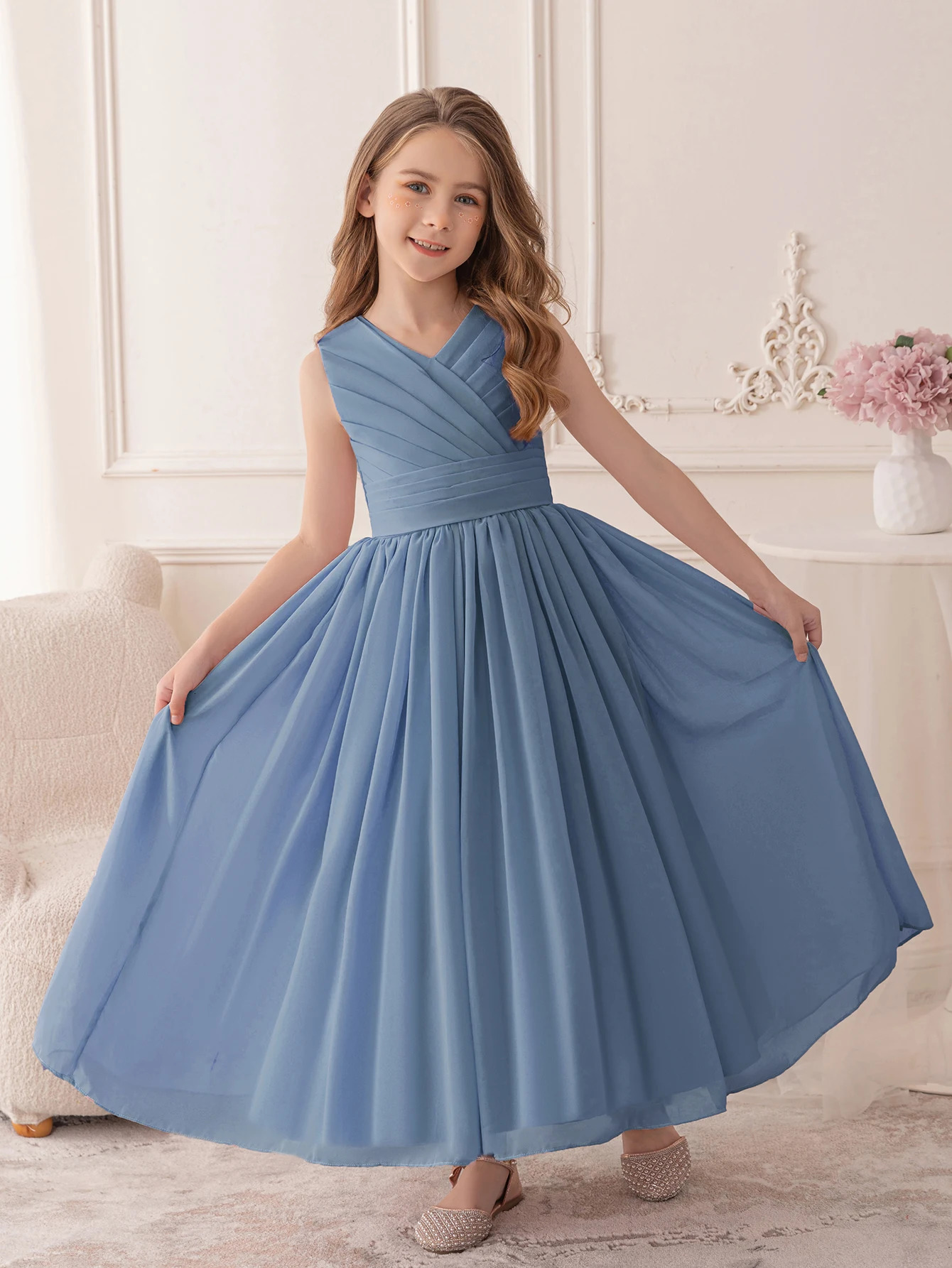 Teenage Gray blue Chiffon Evening Gown Suitable for Childrens Wedding Ceremonies Girl Princess Dress 251023