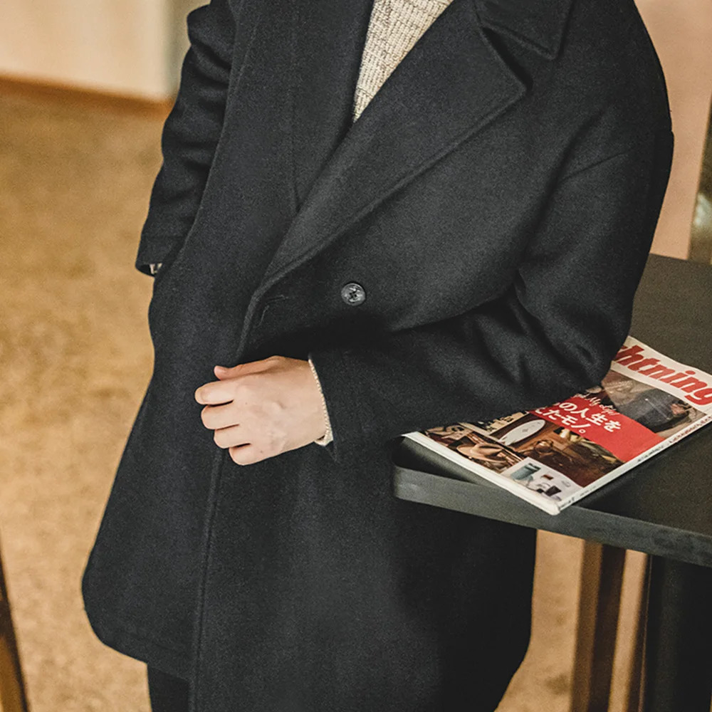 Maden Mens Vintage Heavyweight Black Woolen Overcoat Fall and Winter Season Thickened Loose Mediumlength Versatile Coat 251017