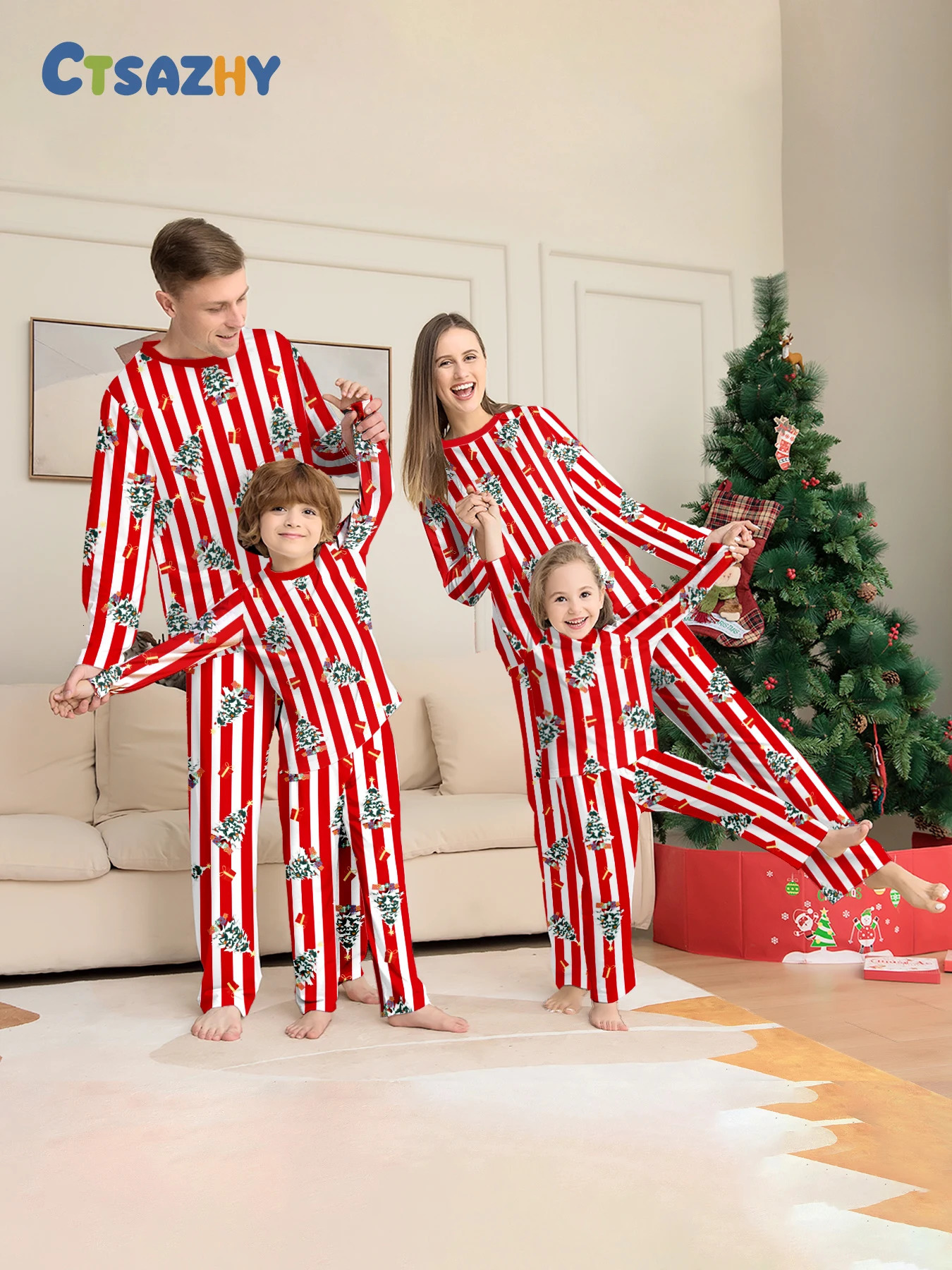 Family Matching Xmas Sleepwear Red White Striped Christmas Tree Printed Pajamas 251023