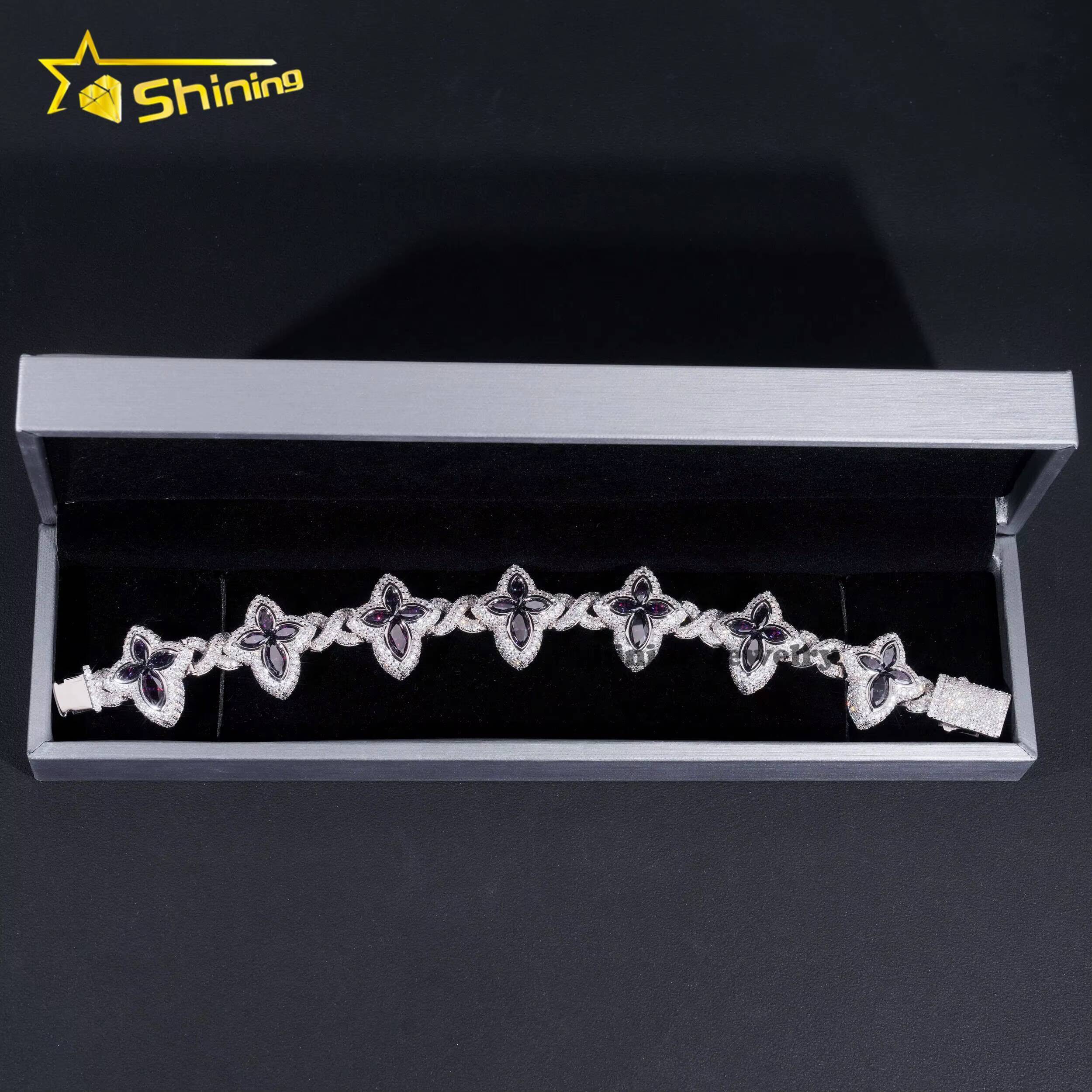 Fine Jewelry 925 Sterling Silver Colored Moissanite Drop Water Pear Shape Black Diamond Clover Hip Hop Infinity Cuban Bracelet