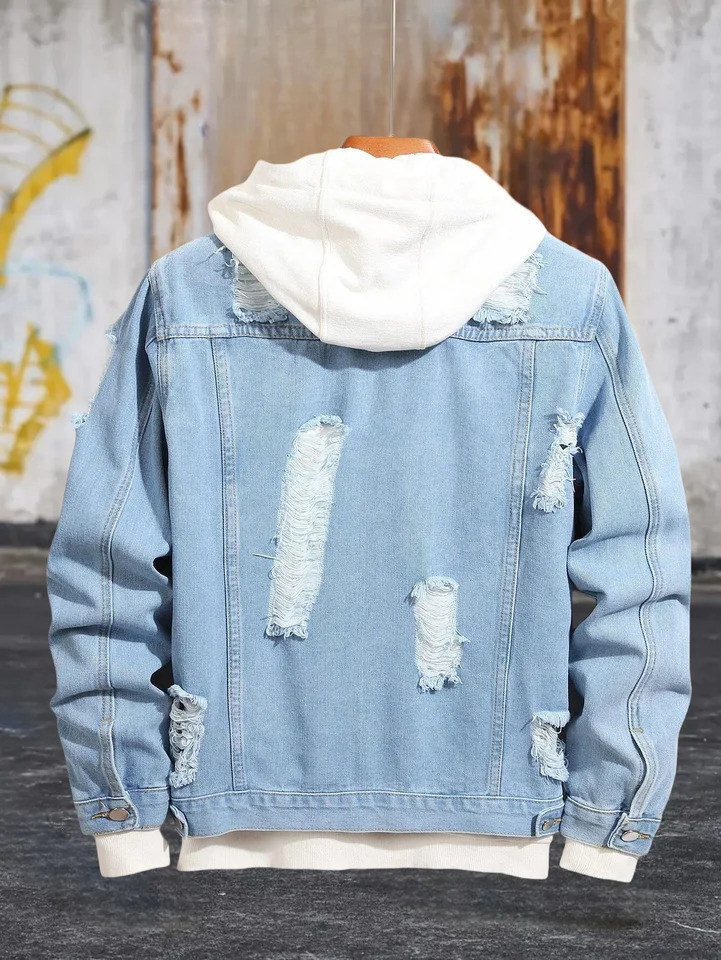1PC Mens Casual Selling Blue Distressed Stone Wash Flight Jacket Everyday American Street Fashion Denim 251017