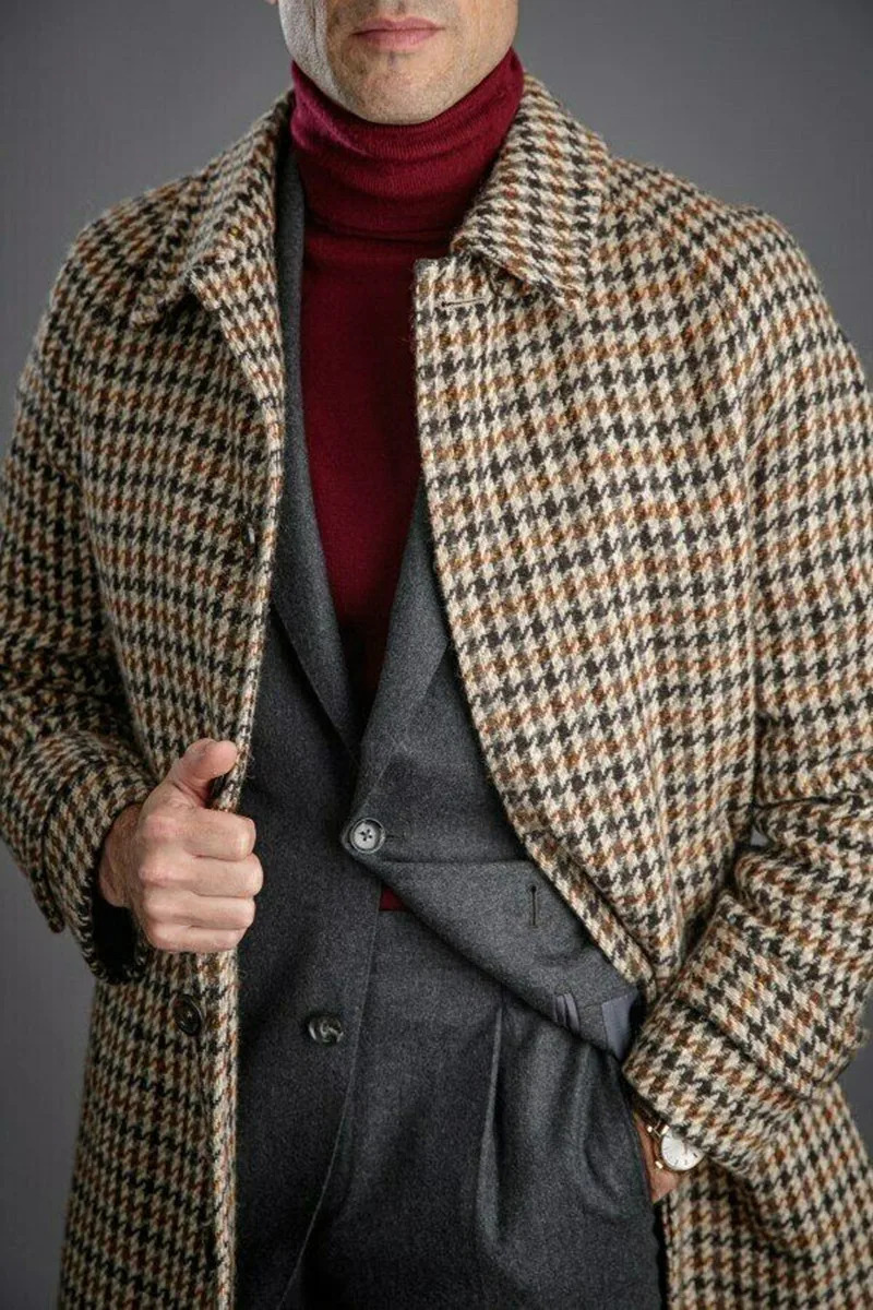 Long Woolen Men Coat Literature Art Retro Plaid Singlebreasted Lapel Thick Autumn Winter Warm Tailored 251017