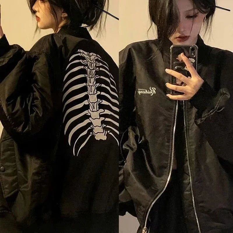 y2k Bomber Jackets Men Women Black Gothic Skeleton Harajuku Baseball Varsity Jacket American Vintage Autumn Outerwear 251023