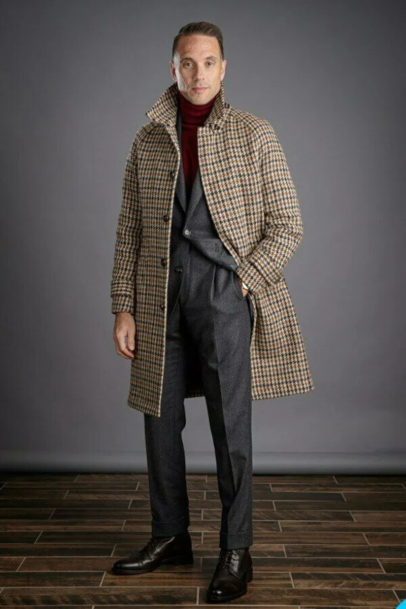 Long Woolen Men Coat Literature Art Retro Plaid Singlebreasted Lapel Thick Autumn Winter Warm Tailored 251017