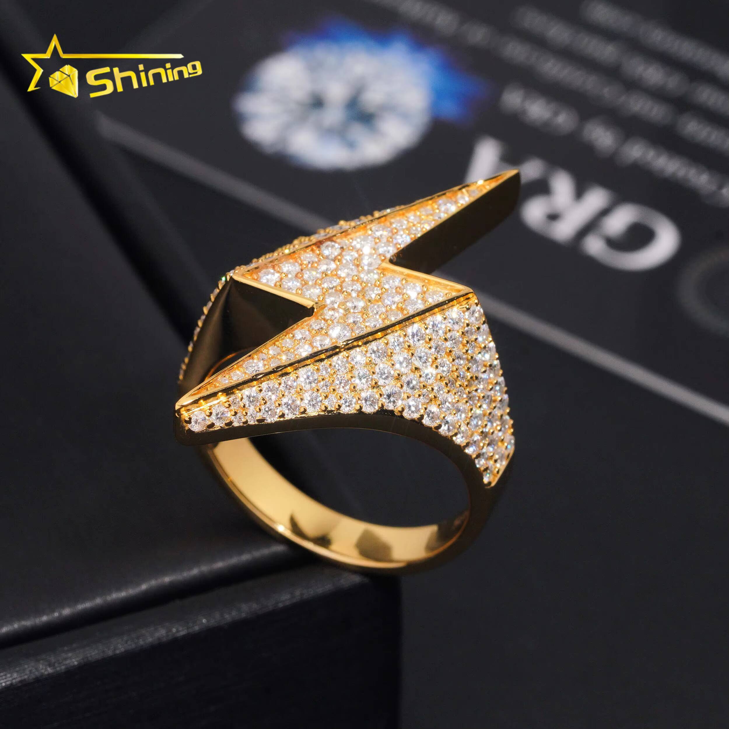 VVS Moissanite Fine Jewelry Ring High Quality 925 Sterling Silver Gold Plated Lighting Symble Pave Diamond Hip Hop Ring for Men