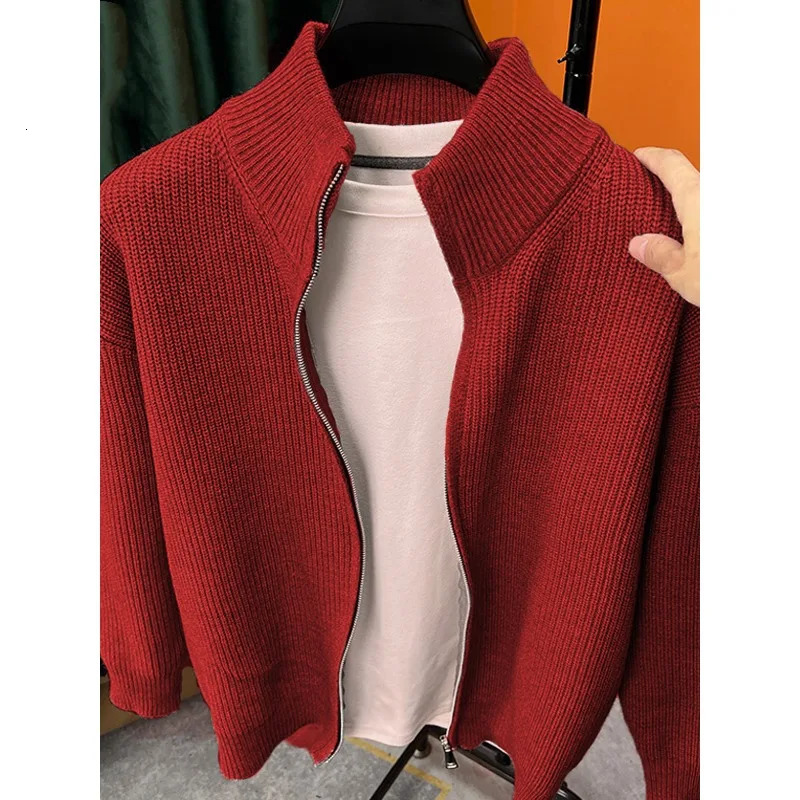 Versatile solid color zipper cardigan mens knitted sweater autumn and winter slim fit sweater jacket mens stand up col 251020
