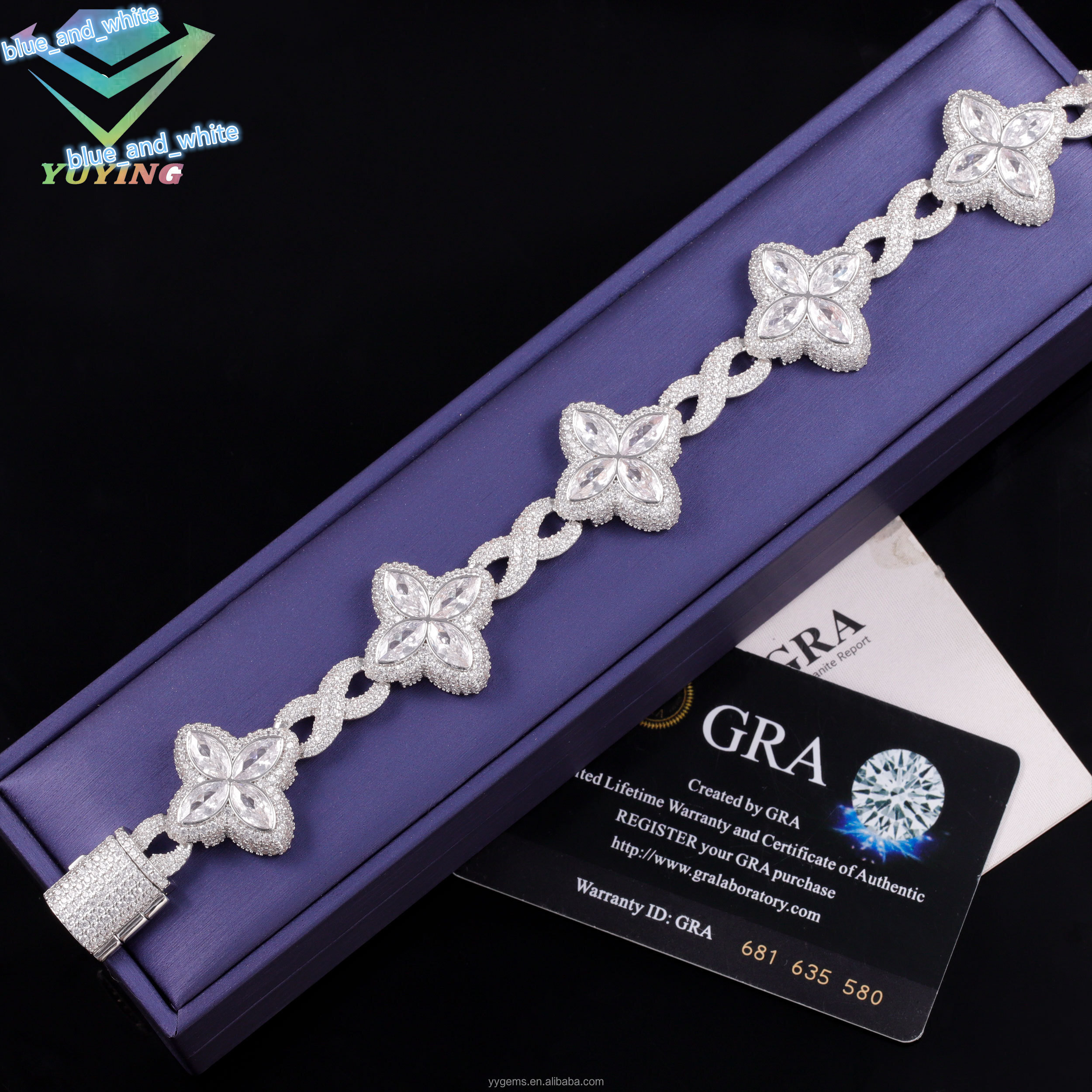 Popular Clover Bracelet Hip Hop Jewelry 925 Sterling Silver Gold Plated Men Bracelet Four Leaf Clover Moissanite Cuban Bracelet