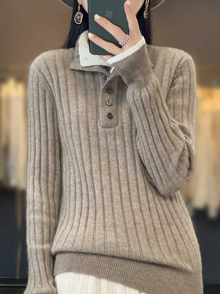 2024 High Quality Women Autumn Winter Casual Turndown Collar Pullover Cashmere Sweater 100 Merino Wool Knitwear Clothing TopsT251027