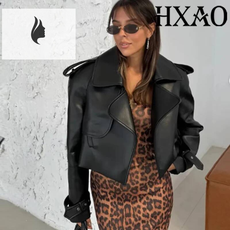 winter jacket women HXAO Women's Faux Leather Demi-Season Cropped Coat Black Jacket Woman Autumn Long Sleeve Windbreaker New In Jackets