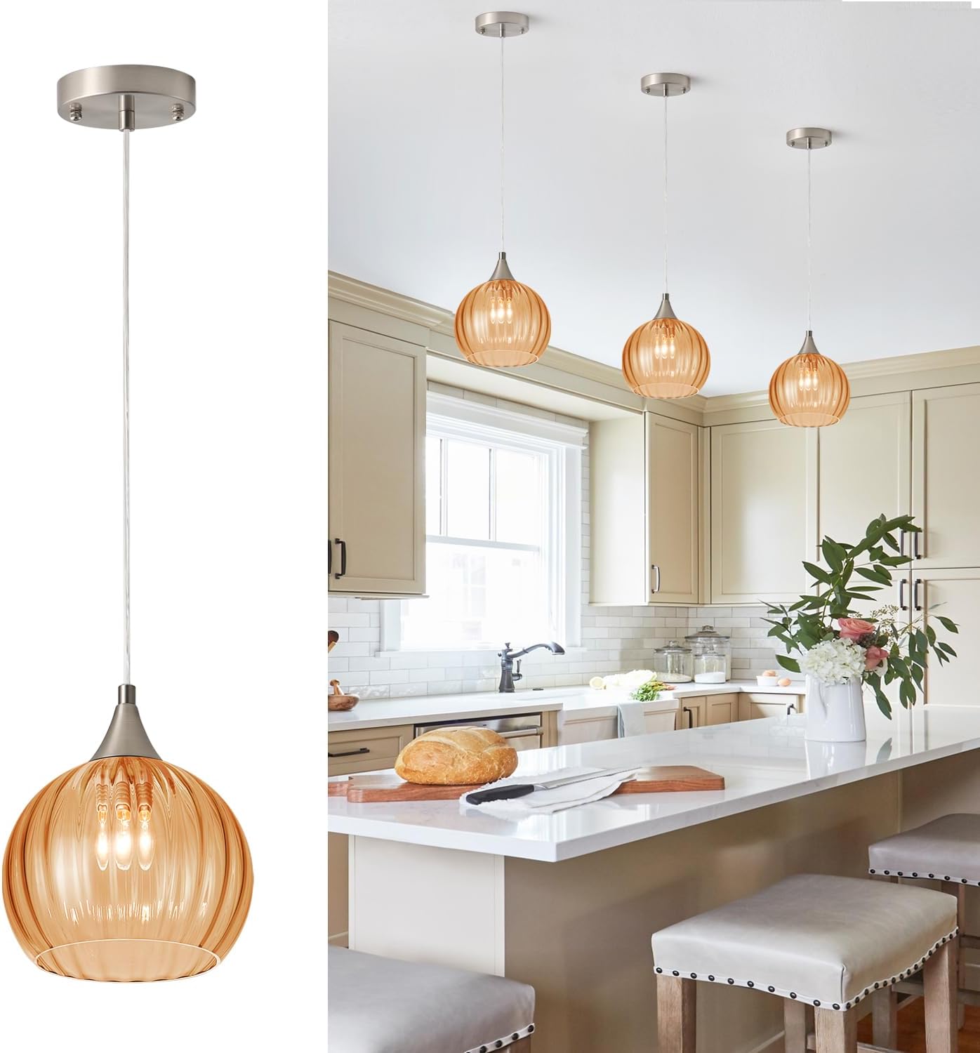 Brushed Nickel Pendant Kitchen Island, Globe Pendant Light Fixtures with 8 Inch Clear Glass Shade, Modern Hanging Light Fixtures for Kitchen, Bedroom