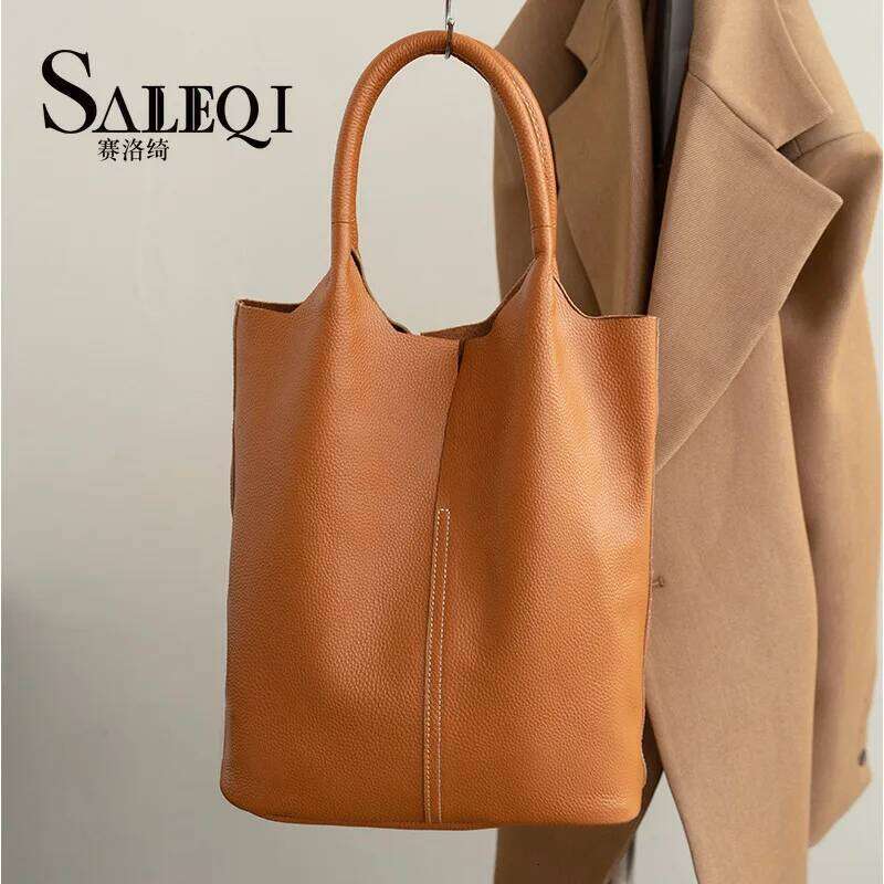 Genuine Leather Commuter Tote Designer Ladies Soft Cowhide Shoulder Handbag Capacity Women Large Bucket Bag