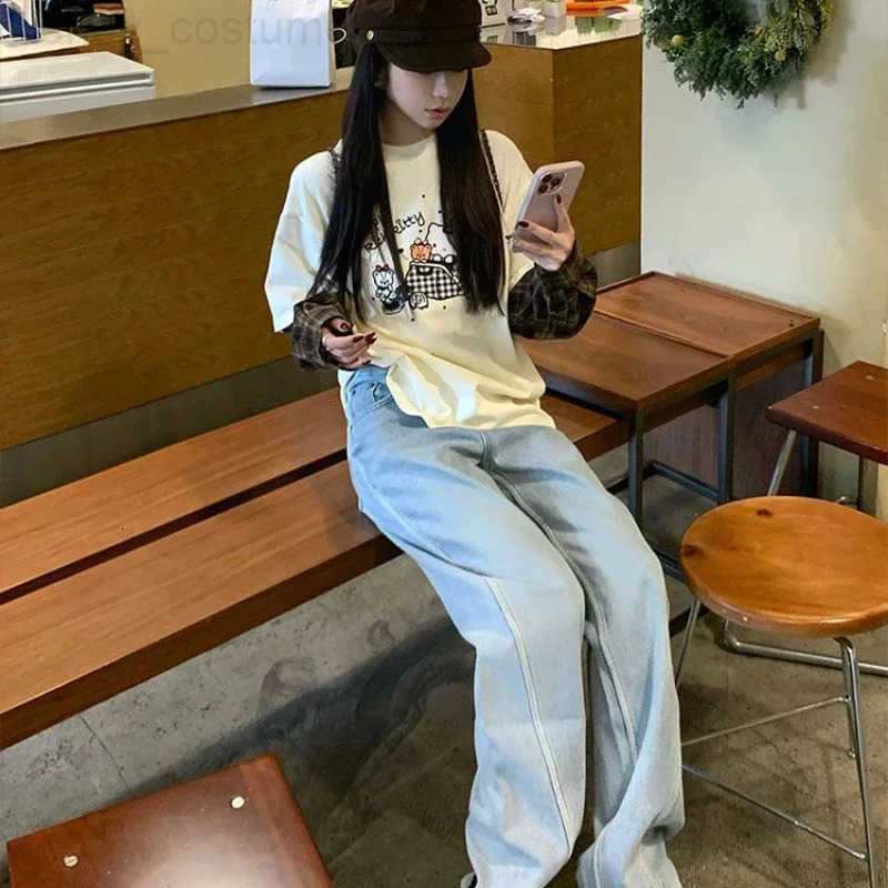 Disney Mickey girls cute spring and autumn soft comfortable fashion cartoon personality trend casual straight light blue jeans H251027