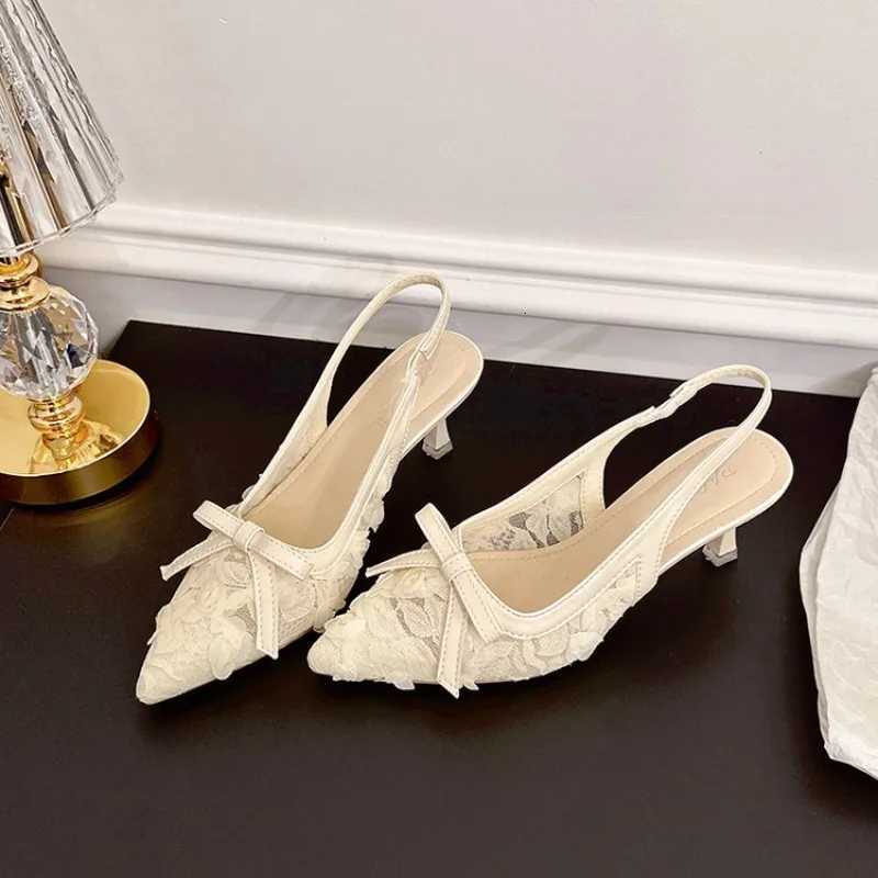 Fancy Floral Lace Slingback Sandals Woman Brand Design Pointed Toe Slip Sandalias Ladies Elegant Low Heel Bowknot Dress ShoeXJ251027