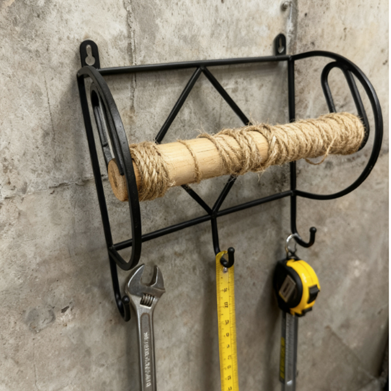Multi-Functional Iron Heart Paper Towel Holder & Hook Rack, Wooden Roller Wall-Mounted Organizer for Farmhouse Kitchen