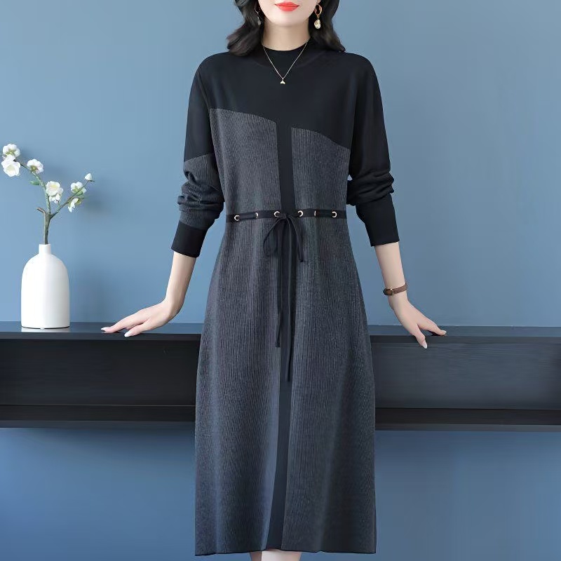 plus size women's new long sleeve high waist printed dress mid-length skirt D02407