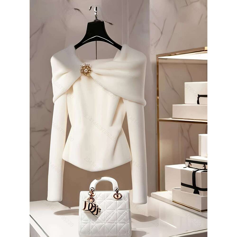 Elegant Off-Shoulder Sweater Soft T-Shirt With Belt, Chic Layering Top For Fall/Winter, All-Season Formal & Everyday Outfits - Women's Clothing, 