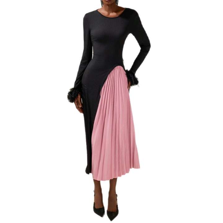 Fashionable New Style Color-block Knitted Dress with Pleated Party Dress Elegant and Figure-hugging Midlength Dress