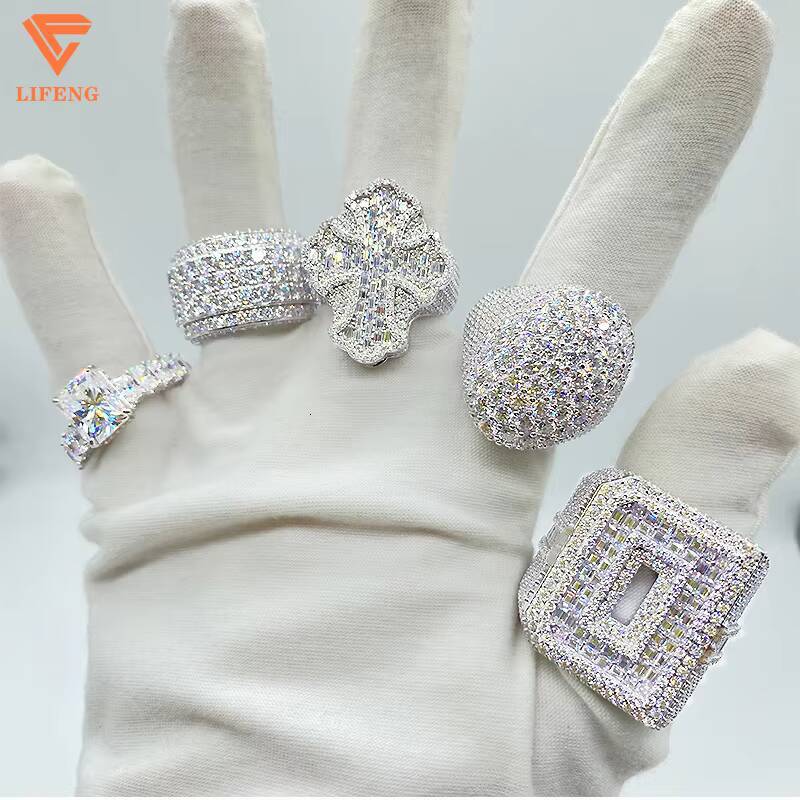 GRA Hip Hop Iced Out Bling 925 Sterling Silver Pass Diamond Tester VVS Moissanite Fleur Baguette Cross Ring for Men