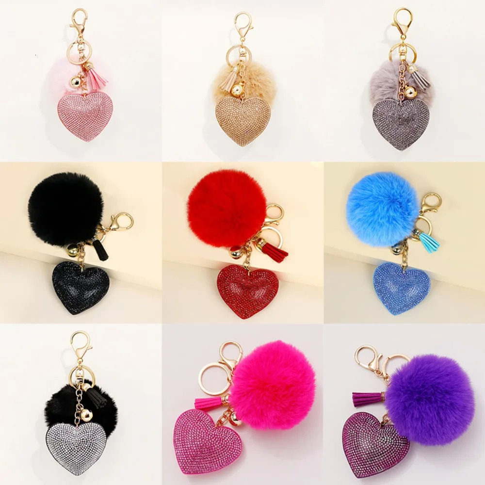 Rhinestone Heart Plush Ball Keychain Alloy Faux Fur Bag Pendant Solid Color Key Chain 251021