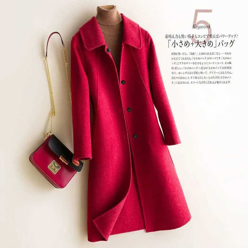 Wine Red Beige Wool Coat Female Autumn and Winter New Doll Collar Slimfit Thickened MidLength Woolen Coat Solid Color X66 M251027