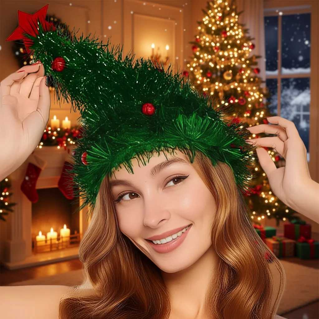 Christmas Tree Hats Fabric Rain Silk Hat for Adults Kids Funny Santa Hat with Tinsel Xmas Holiday Party Costume New Year DecorW251027