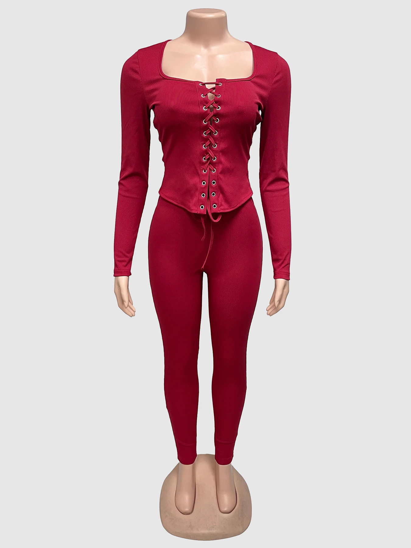 Weird Puss tie Tracksuits 2Piece Set Women Shirring Square Collar Crop TopPants Matching Simple Sporty Stretch Slim Outfits 251027