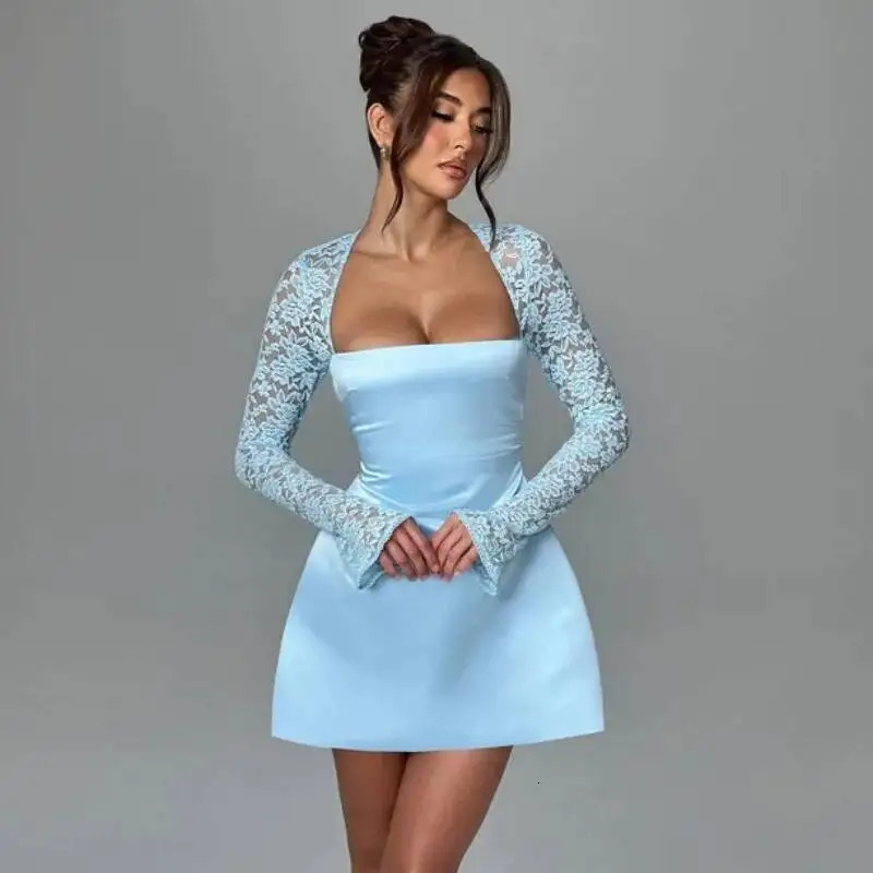 Townlike Lace Patchwork Waist Wrap Aline Dress Women Mini Autumn Winter Dress Backless Nightclub Sexy Party Dresses 251027