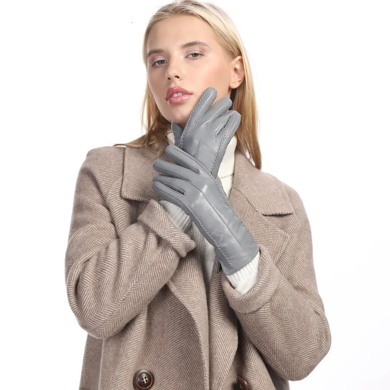Womens sheepskin gloves winter warm plus velvet short thin touch screen driving color womens leather gloves 251021