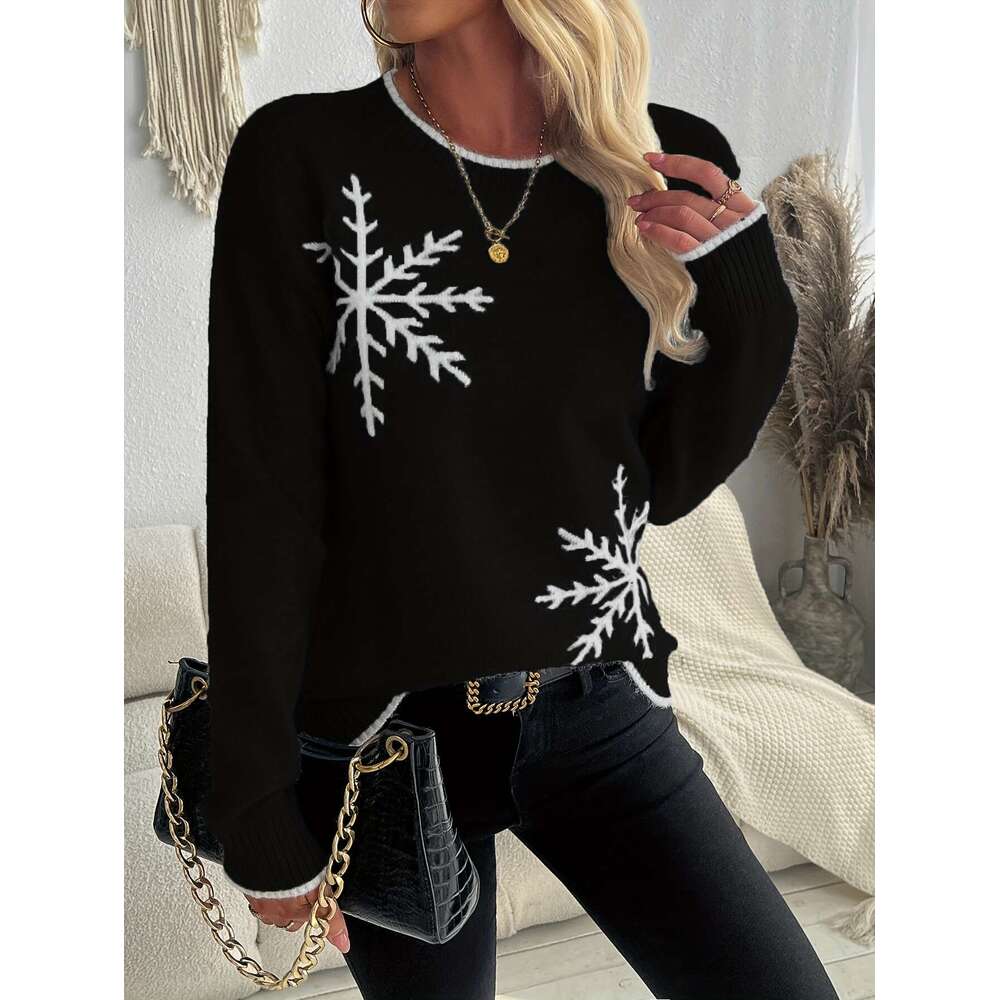 European American Autumn And Winter Pullover Knitted Sweater With Snowflake Jacquard, Round Neck Women's Top.
