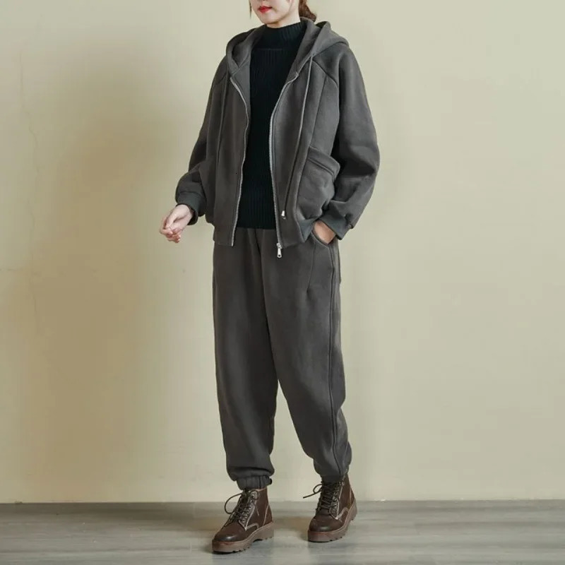 Women Clothing Sets Zipper HoodiesHarem Pants 2Pcs Suit Solid Color Autumn Winter Fleece Thicken Warm Female Casual Tracksuit 251027