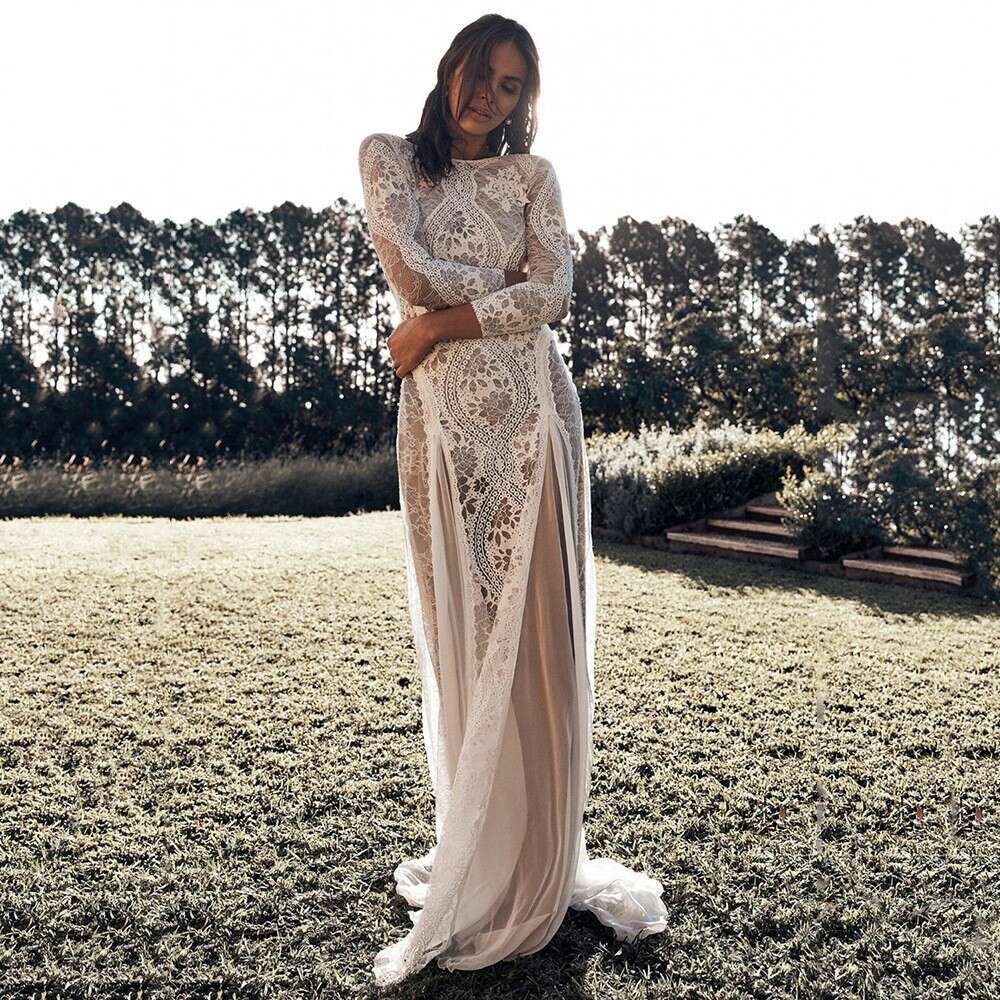2025 Autumn Design New Women's Fashion Socialite Banquet Wedding Round Neck Long Sleeve Printed Backless Lace Dress