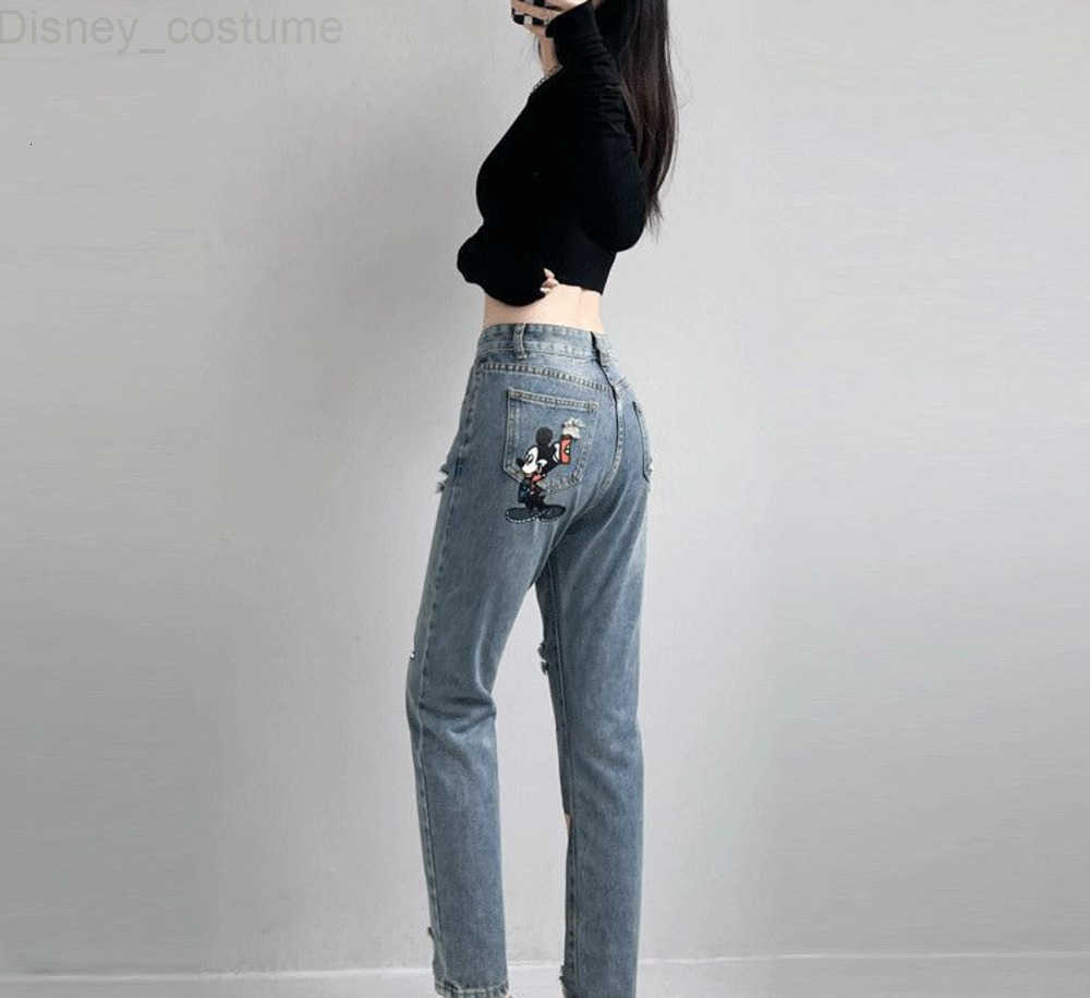 Disney Mickey Mouse Ripped Jeans Womens New Cartoon Print Loose High Waist Denim Pants Fashion Vintage Trend Casual Haren Pants H251027