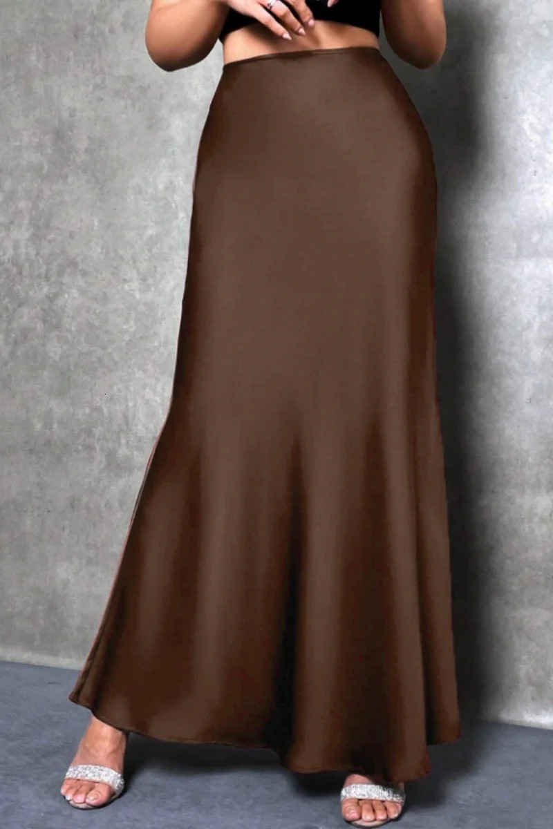 Elegant silklike satin Aline midi skirt with high waist and mermaid tail for women in spring summer 251027