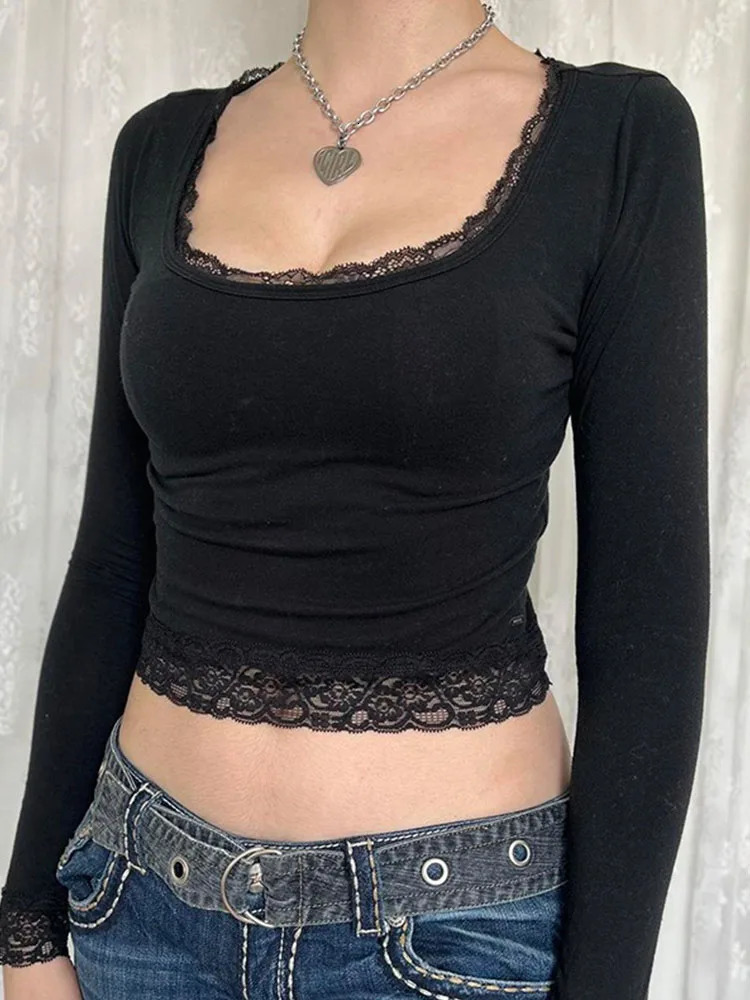 2000s Graphic T Shirt Vintage Fairy Grunge Women Autumn Lace Trim Long Sleeve Slim Fits Tops y2k Clothes Basic Harajuku Tees 251027