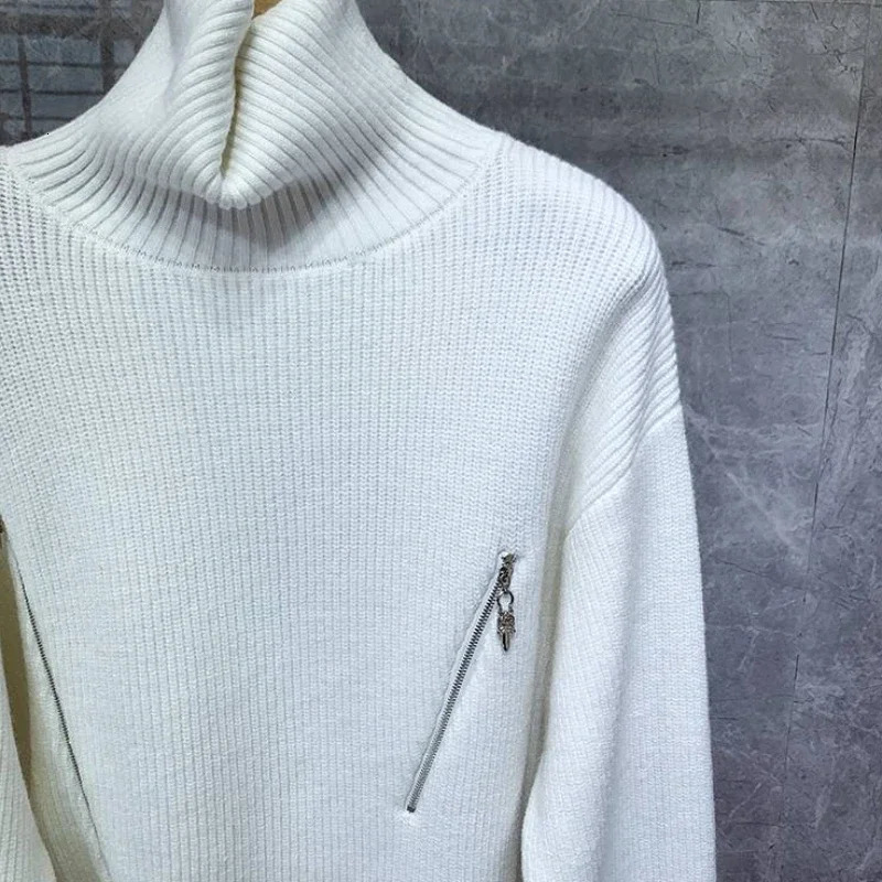 High Collar Knit Sweater Male Black Zipper Pullovers Turtleneck Mens Clothing White Zipup Neck Y2k Streetwear Old Casual Baggy 251016