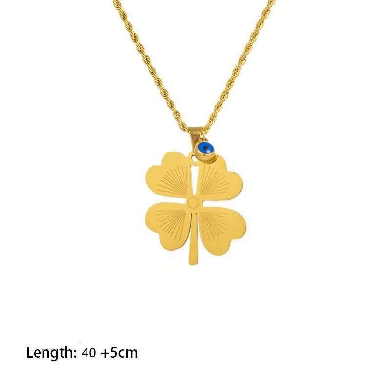 Titanium Steel Blue Eye Engraved Four-Leaf Clover Pendant Necklace Earring Jewelry Set