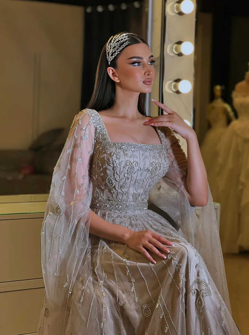 Modern A-Line Evening Dress Shawl Sleeve Prom Gowns Boat Neck Beads 3D-Lace Sexy Prom Dress vestidos de novia Size Customized Robes De Mariee L252815