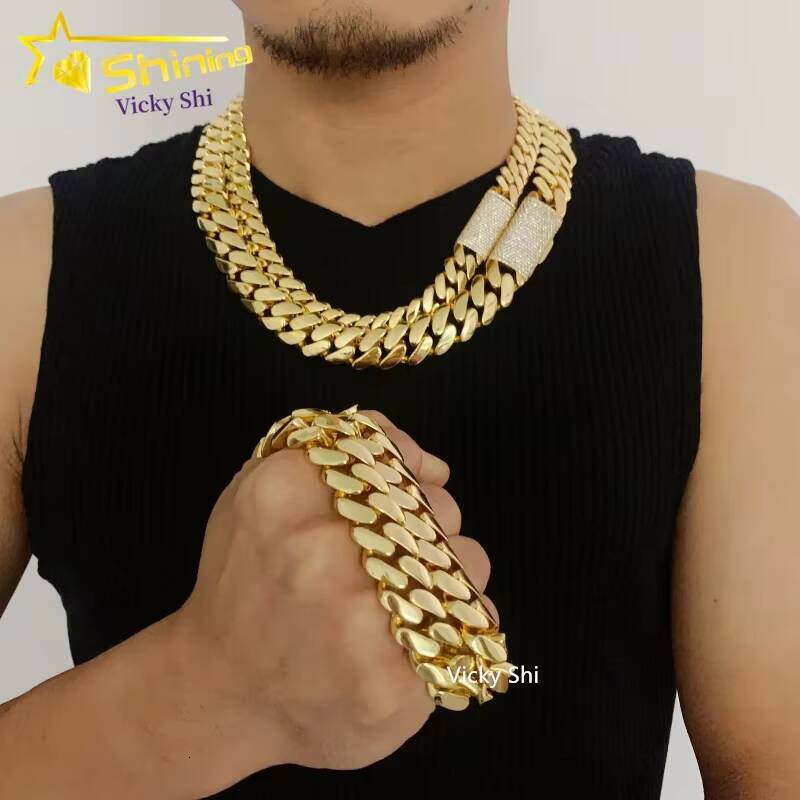 Hip Hop Jewelry Men Fashion Necklace 18K Gold Plated 12MM 14MM 16MM 18MM Width Brass Moissanite Miami Cuban Link Chain