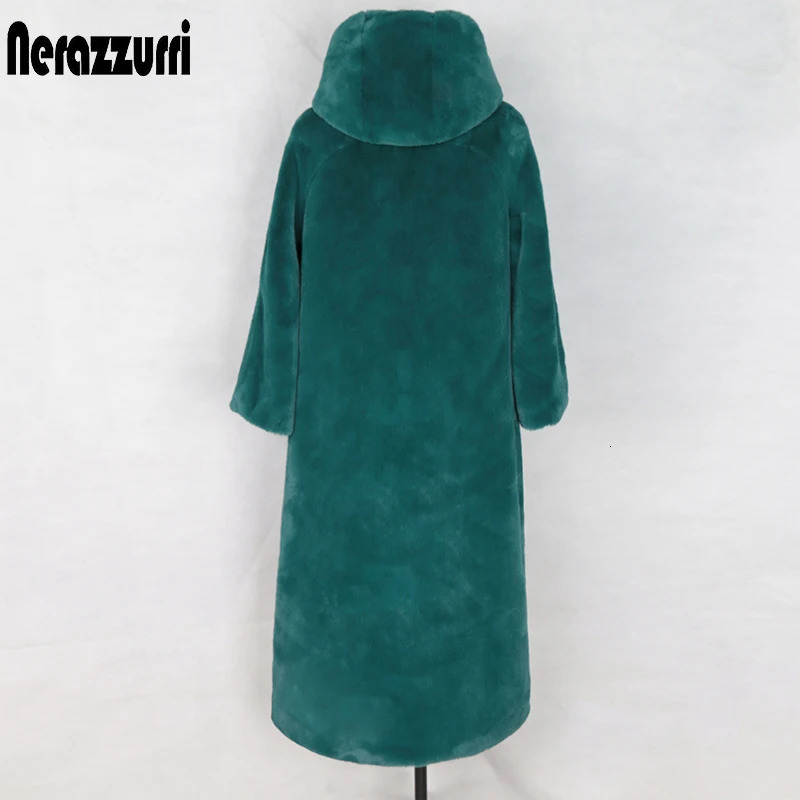 Nerazzurri Winter Long faux fur coat with Hood Sleeve Zipper Black Furry Rabbit Fur Outwear Plus Size Korean Fashion 251027