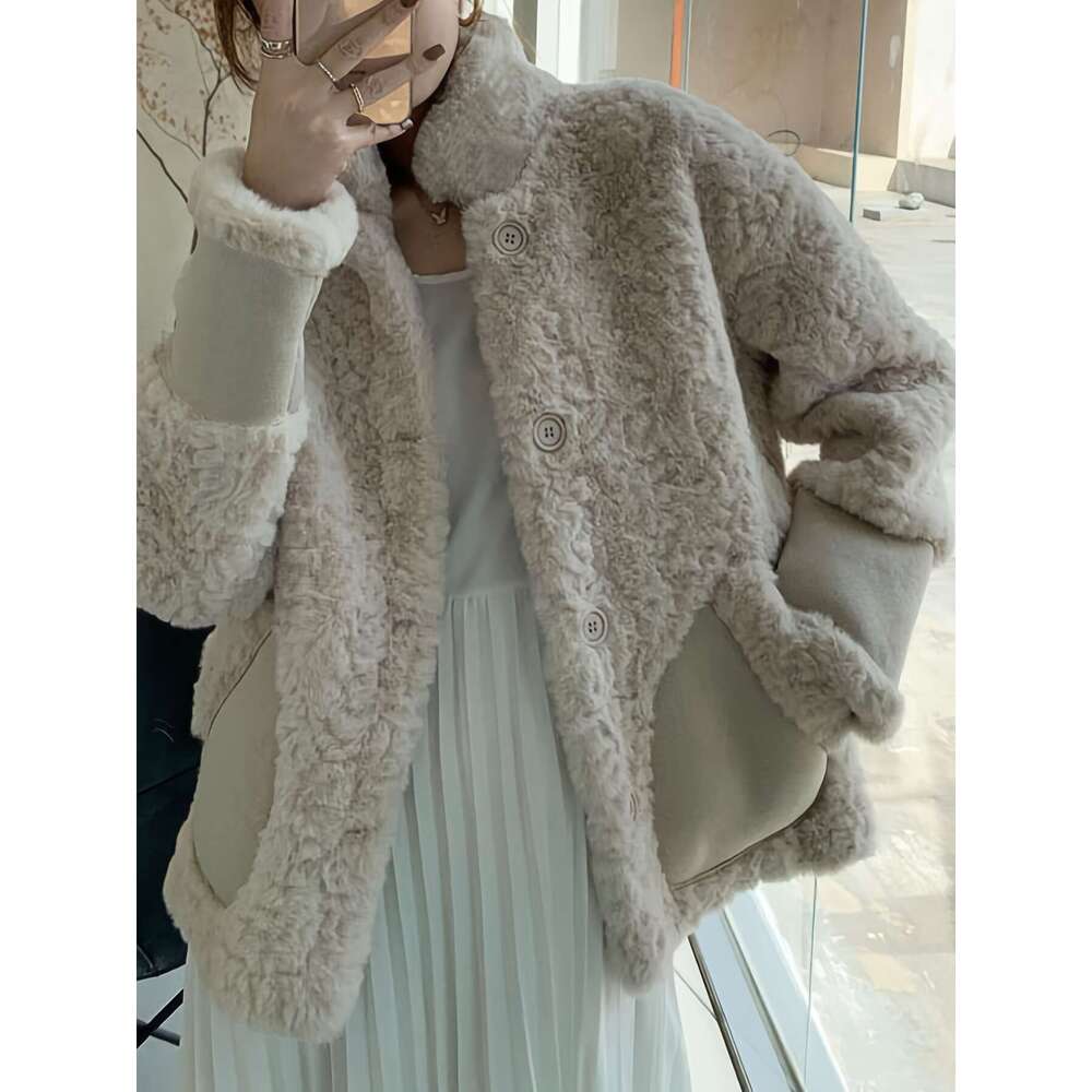 Women's Elegant Faux Fur Jacket - Thickened Long Sleeve Outerwear With Button Front, Chest Pockets & Adjustable Cuffs, Solid Color Regular Fit Fo