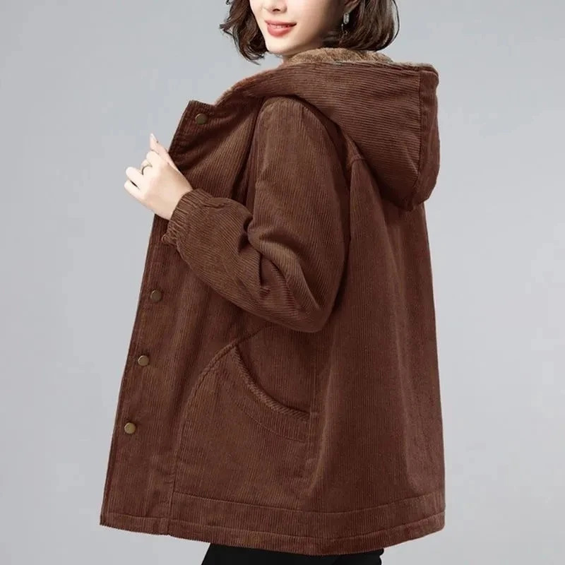 Women Corduroy Jackets Autumn Winter Solid Loose Coat Female Casual MiddleAged Plus Velvet Warm Hooded Ladies Overcoat 251027