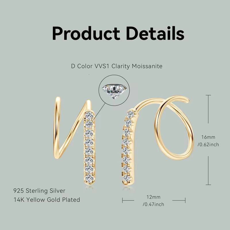 15mm Moissanite Twist Earrings 925 Sterling Silver Stud Earring for Women Girls Simple Cartilage Piercing Jewelry Gift