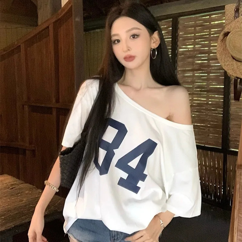 Women Print Short Sleeve One Shoulder Tshirt Street Style Tee Vintage Streetwear Korean Summer White T Shirt 251027