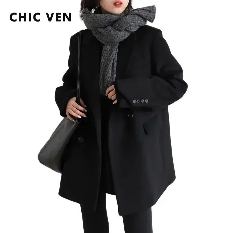 CHIC VEN Women Wool Blend Coat Solid Mid Long Woolen Blazer Thick Warm Blouse Womens Overcoat Office Lady Tops Autumn Winter 251027
