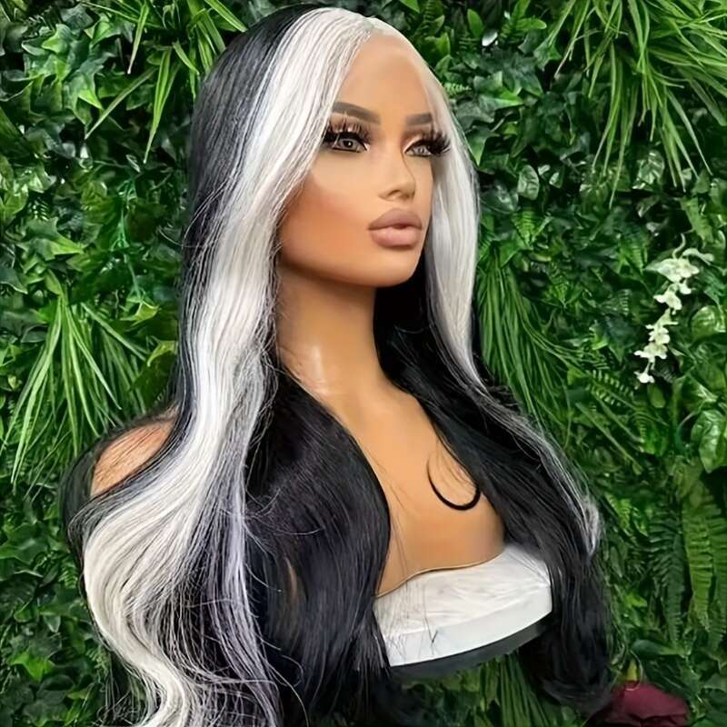 13X4 Fashionable Black Wig With White Highlights Women's Body Wave Synthetic 24 Inches - Perfect For Daily Wear, Work, Vacation, Party, Christmas