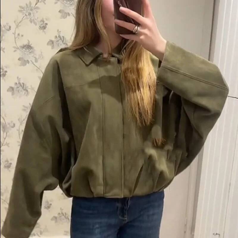 winter jacket women HXAO Women's Cropped Suede Jacket Women Demi-Season Bomber Jackets Long Sleeve Oversize Zipper Solid Coats