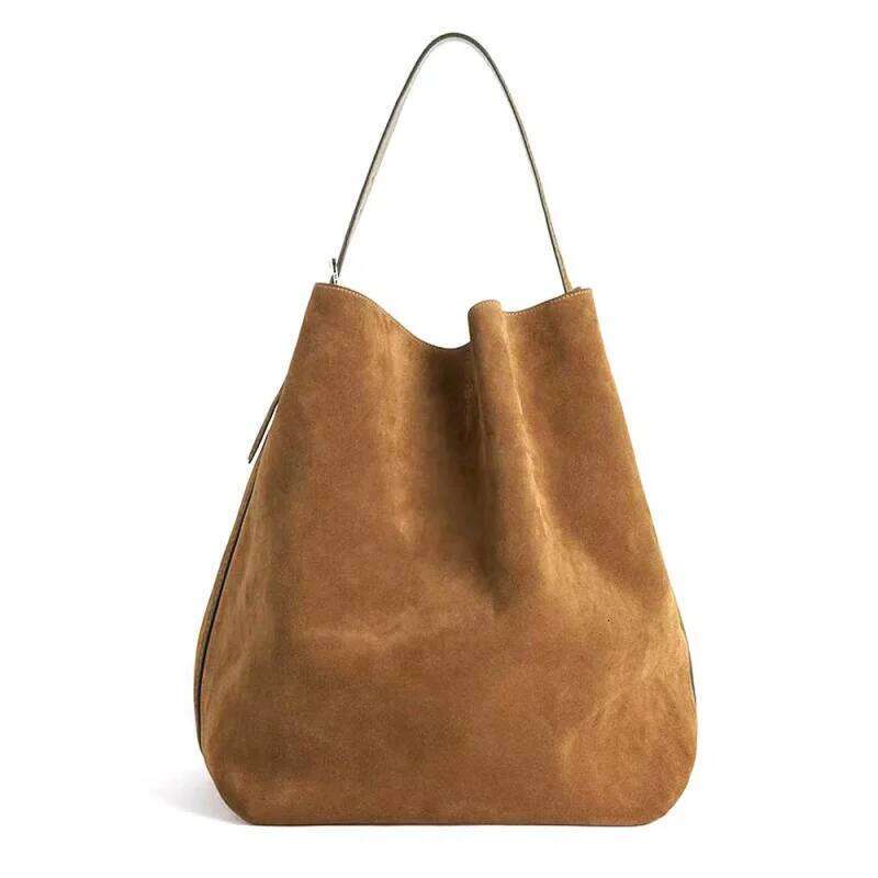 Designer Luxury Minimalist Vintage Suede Frosted Cowhide Bucket Genuine Leather Commuter Large Capacity Tote Bag Women