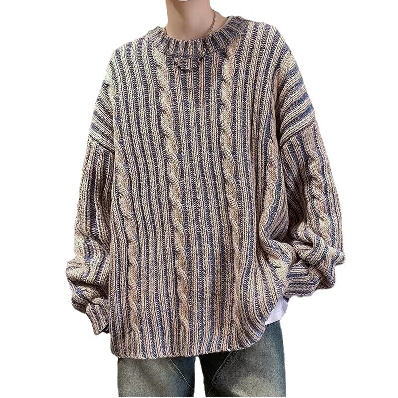 Men's High-end Sweater Autumn Winter Korean Style Striped Color-block Designer Sweater Crew Neck Casual Couple Knitwear